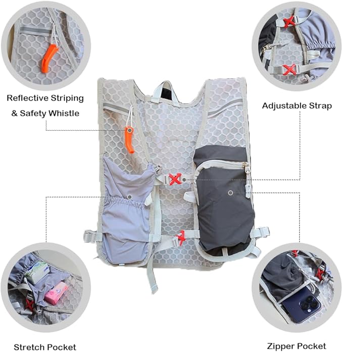 Lightweight Running Vest with 1L Hydration Bladder – 5L Trail Running Water Vest for Women & Men, Adjustable Fit Hydration Pack for Marathon, Jogging, Hiking, Cycling (Green/Grey/Pink)