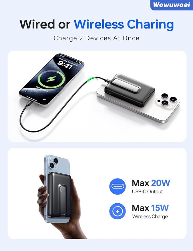 for Magsafe Portable Charger, 10000mAh Wireless Power Bank with Stand, USB C PD 20W Fast Charging Powerbank, Magnetic Battery Pack Compatible for iPhone 17/16/15/14/13/12 Series - Black