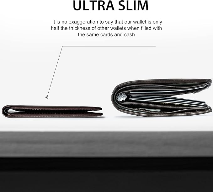 GSOIAX Mens Slim Wallet for Men Minimalist Genuine Leather Carbon Fiber Rfid Blocking Bifold Credit Card Holder With Gift Box (Leather Coffee)
