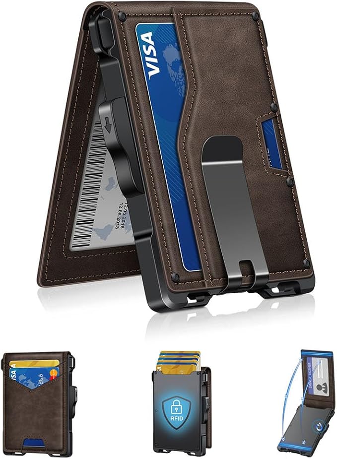 Wallet for Men, Minimalist Slim Mens Wallet with Money Clip, RFID Blocking Smart Pop Up Card Wallet with ID Window, Compact Bifold Wallet,Metal Aluminum Credit Card Holder