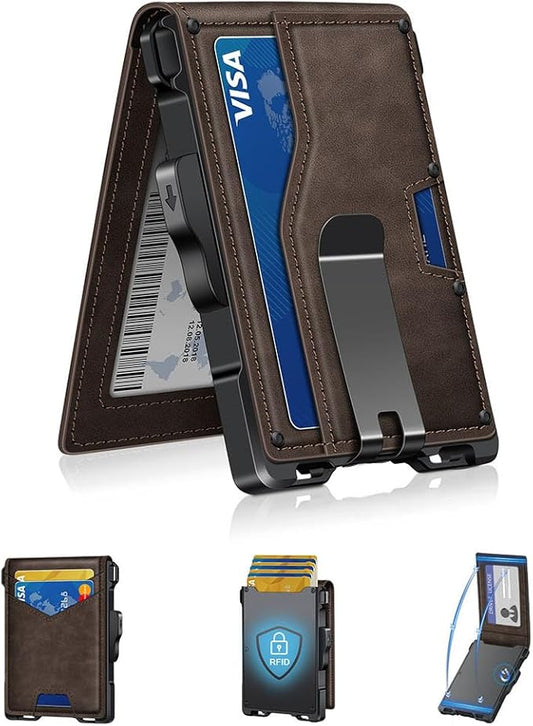 Wallet for Men, Minimalist Slim Mens Wallet with Money Clip, RFID Blocking Smart Pop Up Card Wallet with ID Window, Compact Bifold Wallet,Metal Aluminum Credit Card Holder