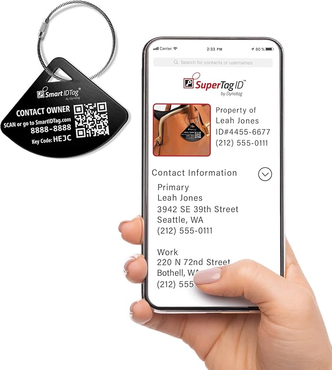 Dynotag® Express Series Solid Metal Web Enabled Smart Bag Tag ID + Steel Loop, Anodized Aluminum with DynoIQ™ & Lifetime Recovery Service (Midnight Black)