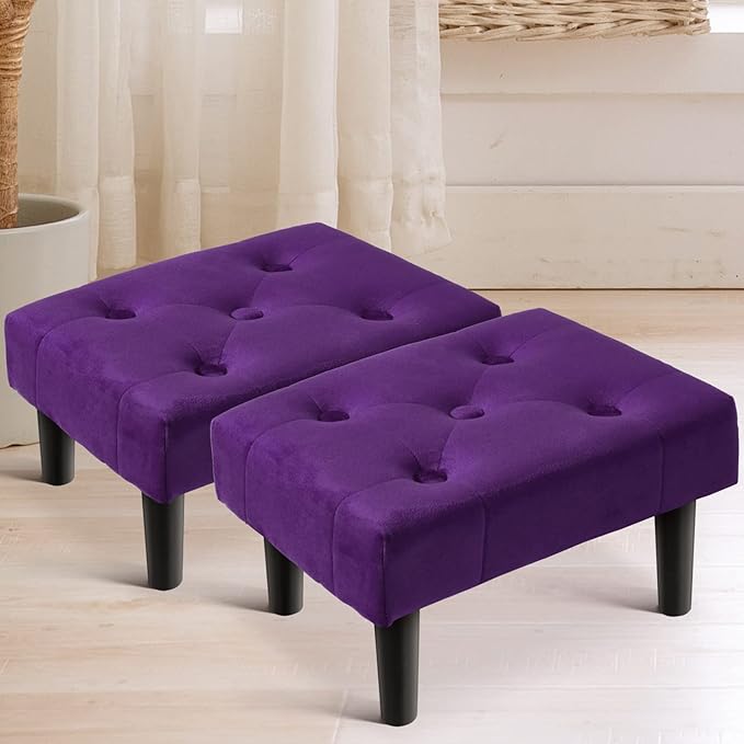 HOUCHICS Small Footstool Ottoman, Velvet Wooden Foot Stool Ottoman with Wood Legs, Sofa Footrest Extra Seating for Living Room Entryway Office(Purple 2PACK)