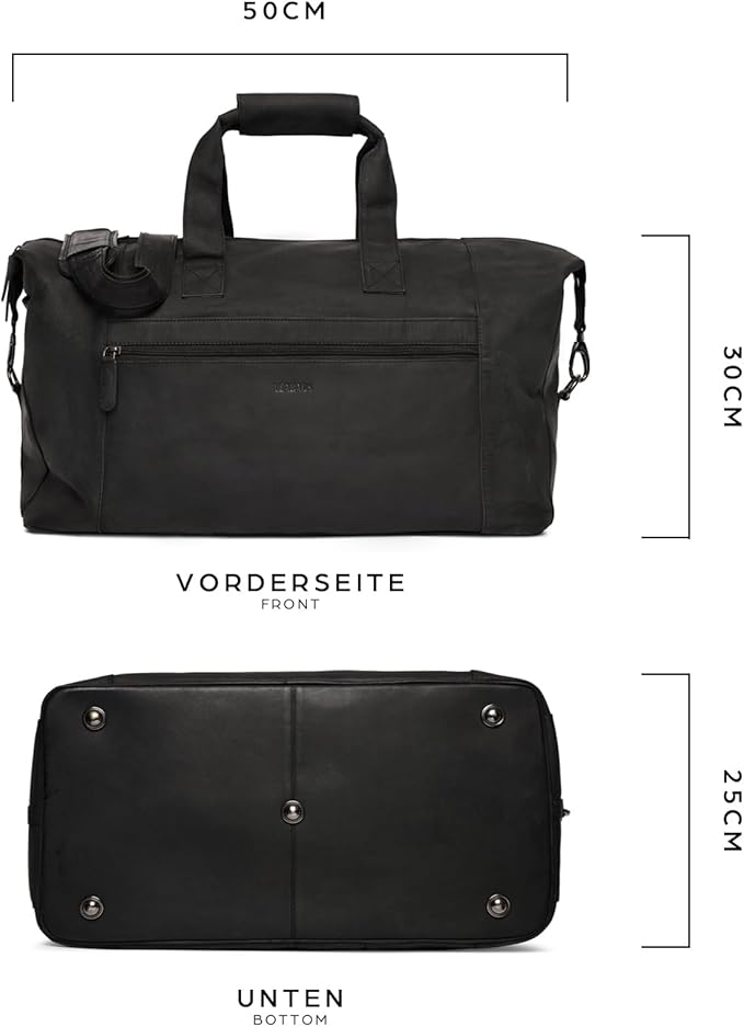 Leabags Leather Weekender | Genuine Leather Premium Travel Bag | 41L Sports Duffle Gym Training Airplane Bag | Large | Natural Black | Women & Men