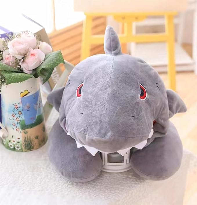 Cartoon Shark Animal Neck Pillow with Hood, U Shaped Soft Travel Airplane Neck Pillows, Office Neck Pillow, Anime Neck Pillows, Portable & Washable for Flights
