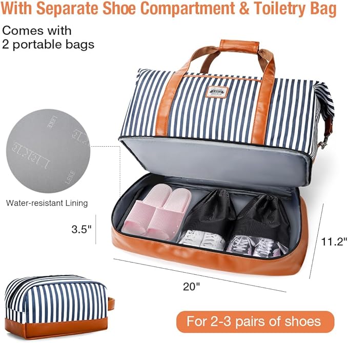 Lekebobor Weekender Bag for Women, Large Holdall Travel Duffle / Overnight Bag with Shoes Compartment & Toiletry Bag, 50L (Blue Striped)