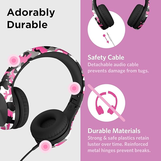 LilGadgets Connect+ Pro Wired Kids Headphones for School with Microphone, Volume Limiting Over-Ear Headset with Cord, SharePort Technology & SoftTouch Padding, Pink Camo
