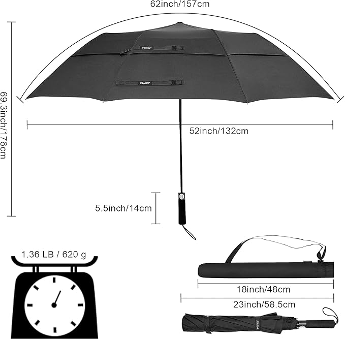 G4Free 62 Inch Portable Golf Umbrella Large Oversize Double Canopy Vented Windproof Waterproof Automatic Open Stick Umbrellas for Men Women(Black)