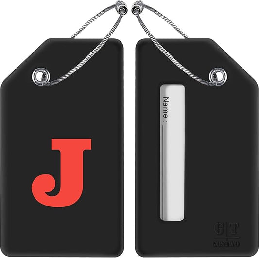 Gostwo 2 Pack Silicone Luggage Tags for Suitcases, 26 Initial Letter Baggage Labels Handbag School Bag Suitcase Instrument Tag with Stainless Steel Loop(Black & White) (Letter J)