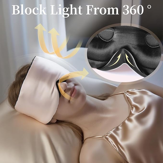 USlixury Silk Sleep Mask, 3D Contoured Sleeping Masks, Blackout Sleep Mask for Women with Nose Wing,100% Pure Mulberry Silk Eye Masks,Face-Hugging Non-Slip, 27.5x4.5'', Peach