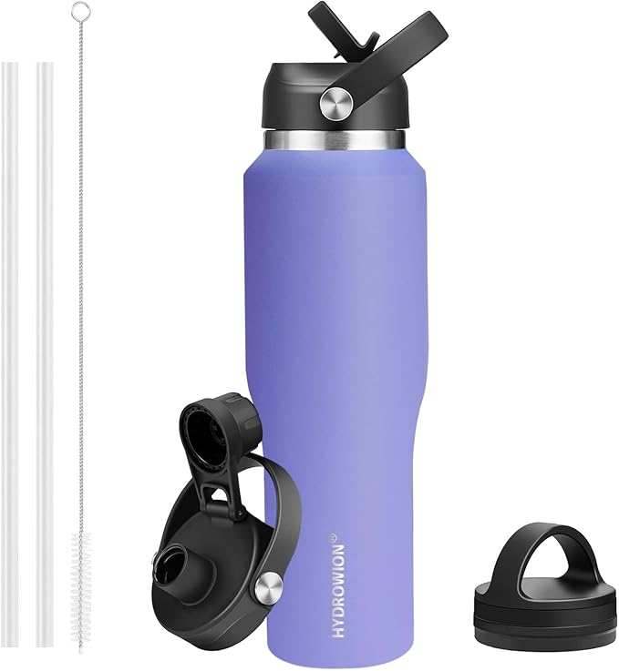 HYDROWION Water Bottle Stainless Steel,Vacuum Insulated Leak Proof Tumbler 32oz with Straw Lid, Spout Lid and Flex Cap(Cold for 48 Hrs, Hot for 24 Hrs), Fit in Any Car Cup Holder, Purple