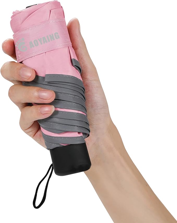 GAOYAING Mini Compact Travel Umbrella with Reflective Safety Stripes, Portable Folding Design with Case