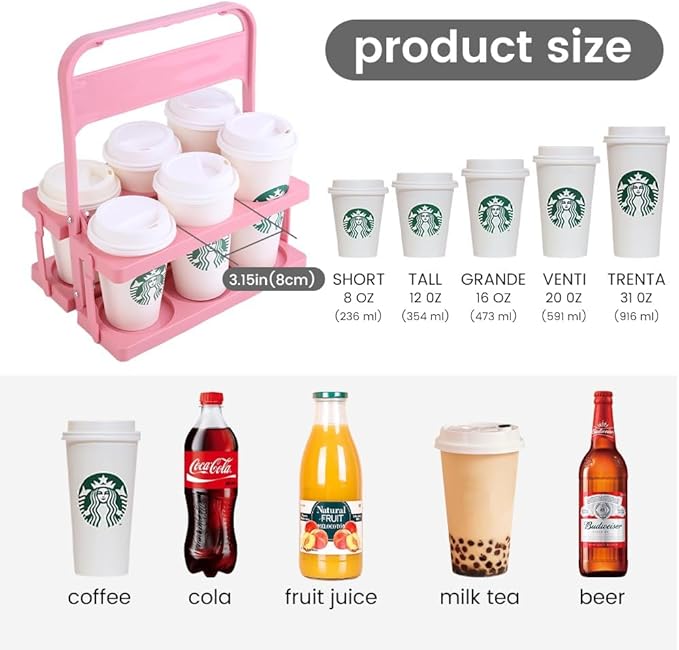 Reusable Drink Carrier with Handle for Delivery Drivers Portable Cup/Coffee Holder Accessories for Delivery, Foldable Drinks Caddy with Tray, Car Durable Plastic Festive Bottle, Vacation Container