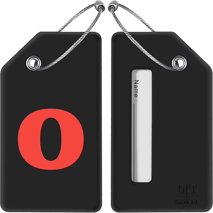 Gostwo 2 Pack Silicone Luggage Tags for Suitcases, 26 Initial Letter Baggage Labels Handbag School Bag Suitcase Instrument Tag with Stainless Steel Loop(Black)(Letter O)