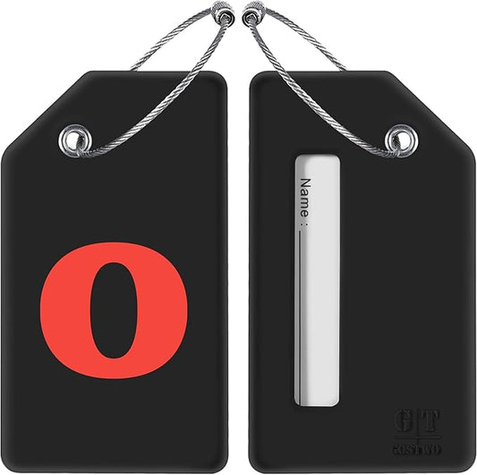 Gostwo 2 Pack Silicone Luggage Tags for Suitcases, 26 Initial Letter Baggage Labels Handbag School Bag Suitcase Instrument Tag with Stainless Steel Loop(Black)(Letter O)