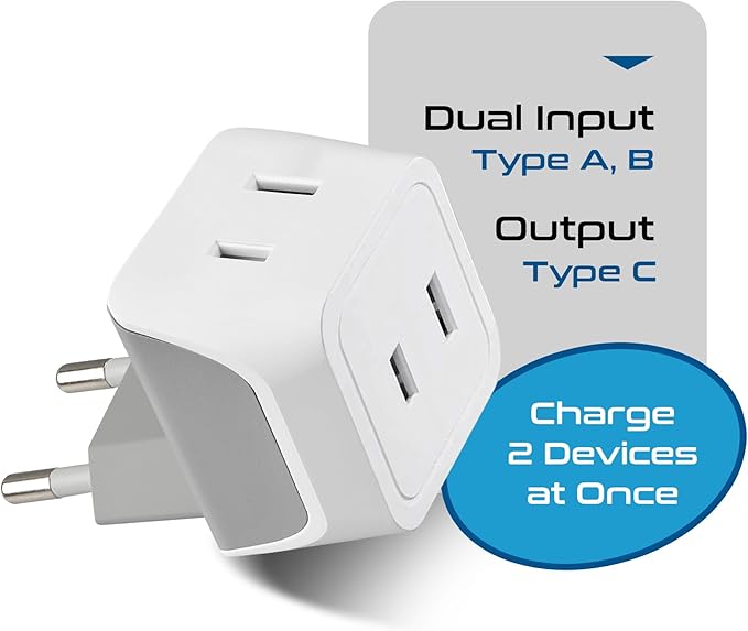 Ceptics European Travel Plug Adapter Europe Power Adaptor Charger Dual Input - Ultra Compact - Light Weight - USA to any Type C Countries such as Italy, Iceland, Austria and More (CT-9C), white