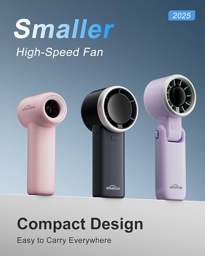 WHATOOK Mini Pocket Fan Portable Handheld Fans,3000mah Small Rechargeable Turbo Fan Personal Fan Travel Essential Outdoor Activities Beach Vacations Camping Gifts for Women face makeup skincare（Pink）