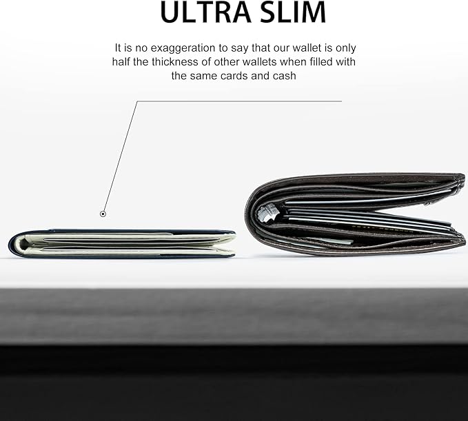 GSOIAX Mens Slim Wallet for Men Minimalist Genuine Leather Carbon Fiber Rfid Blocking Bifold Credit Card Holder With Gift Box (Dark Blue and Beige)