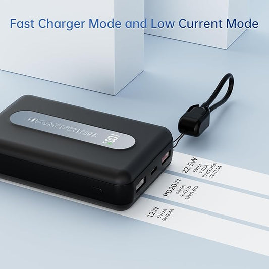 SAMTWOS 5V/2A Portable Charger 20000 mAh for Heated Vest,Jacket,Staium Seats,Pant,Camping Chair,22.5W Fast Charing Power Bank Bulit-in USB-C Cable andd Lanyard Battery Pack for iPhone,iPad,Anddroid