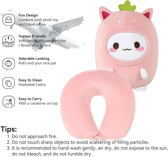 Kids Travel Pillow - 2-in-1 Deformable Kids Neck Pillow for Traveling, Soft U-Shaped Pillow with Adorable Animal Design, Comfy Sleep and Play, Ideal for Airplanes and Traveling (Pink Strawberry)