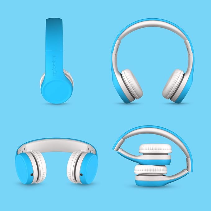 LilGadgets Connect+ Foldable Headphones, Adjustable Fit Soft Touch Padding for Kids with Mic, Volume-Limited & Noise Reduction On-Ear Wired Headset for School with SharePort - Blue, Ages 3-14