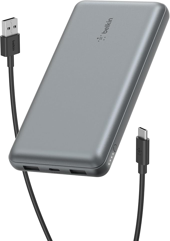 Belkin Portable Charger, USB C Power Bank 20000 mAh w/ 2 USB-A Ports, 15W w/A to C Cable - iPhone 17, Air, Pro, Pro Max, AirPods, Samsung Galaxy S25, iPad, Nintendo Switch 2, Google Pixel 10 - Gray