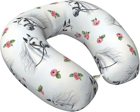 Comfortable Travel Pillow for Pain Relief Sleeping, Memory Foam Airplane Car Neck Pain Pillows Watercolor Painting White Horse, Funny Chin Head Support Cushion