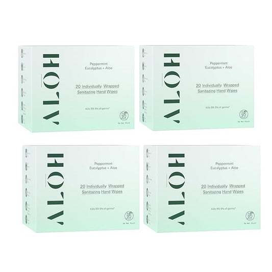 ALŌH Skin - Softening Sanitizing Hand Wipes - Peppermint Eucalyptus + Aloe (4 Boxes of 20 Individually Wrapped Wipes (80 wipes))