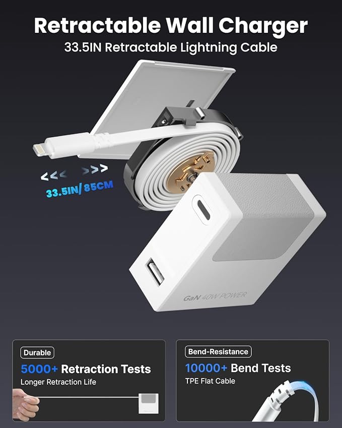 Gitryin Portable Charger Block, Retractable Wall Charger, 40W PD Fast Charging Block with 33.5in Lightning Cable, Power Adapter with Foldable Plug for iPhone14/13/12, White