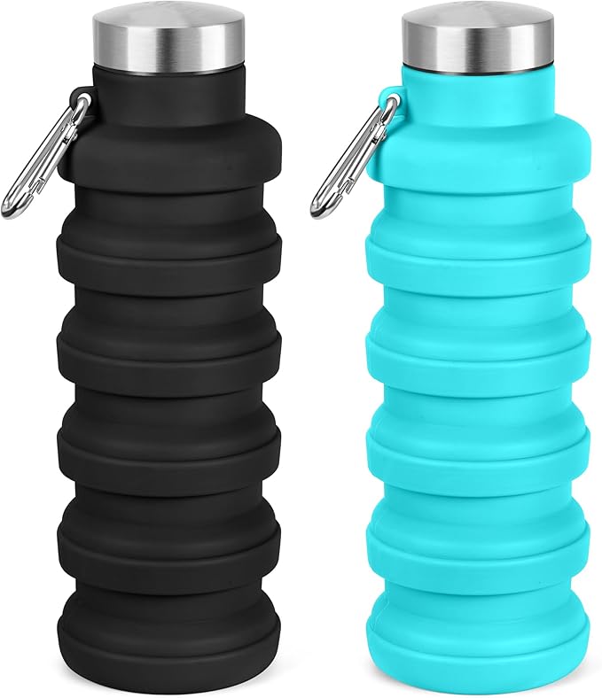 Collapsible Water Bottle, 16oz Portable Reusable Silicone Water Bottle, BPA-Free Leak-Proof Foldable Design with Carabiner, Lightweight Durable for Gym, Travel, Camping, Hiking, Sports(Black+Blue)