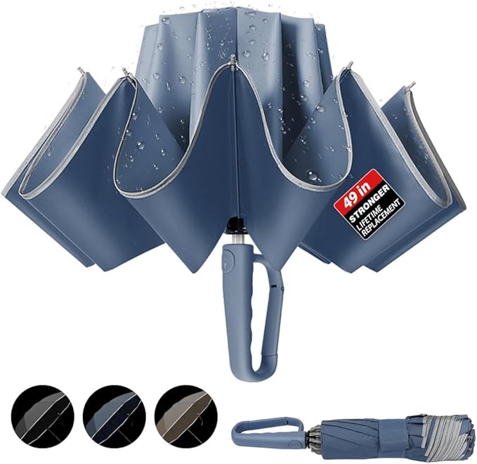 TOPSAIL 10 Ribs Inverted Umbrella with Carabiner Handle, Large Sturdy Folding Umbrellas Windproof for Rain & Sun, 49" Big Reverse Foldadble Umbrella for Travel Portable with Safe Reflective Strip, for Women Men