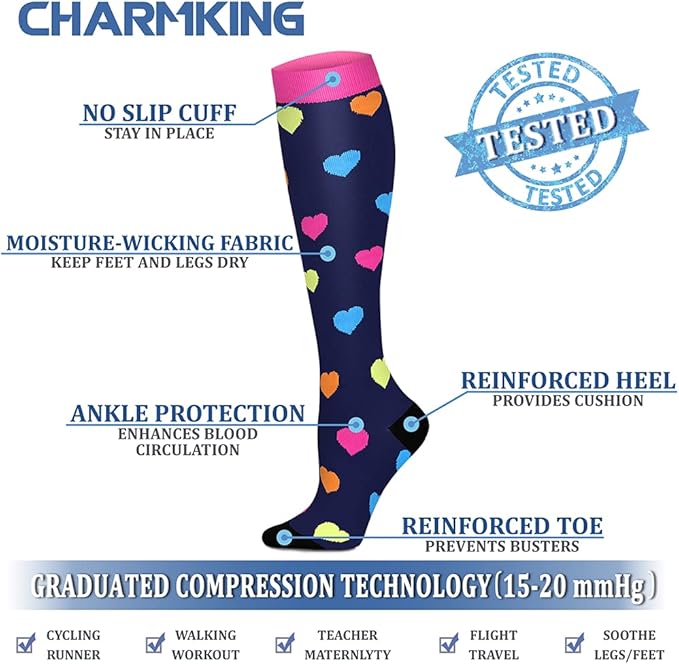 CHARMKING Compression Socks for Women & Men Circulation (8 Pairs) 15-20 mmHg is Best Support for Athletic Running,Cycling