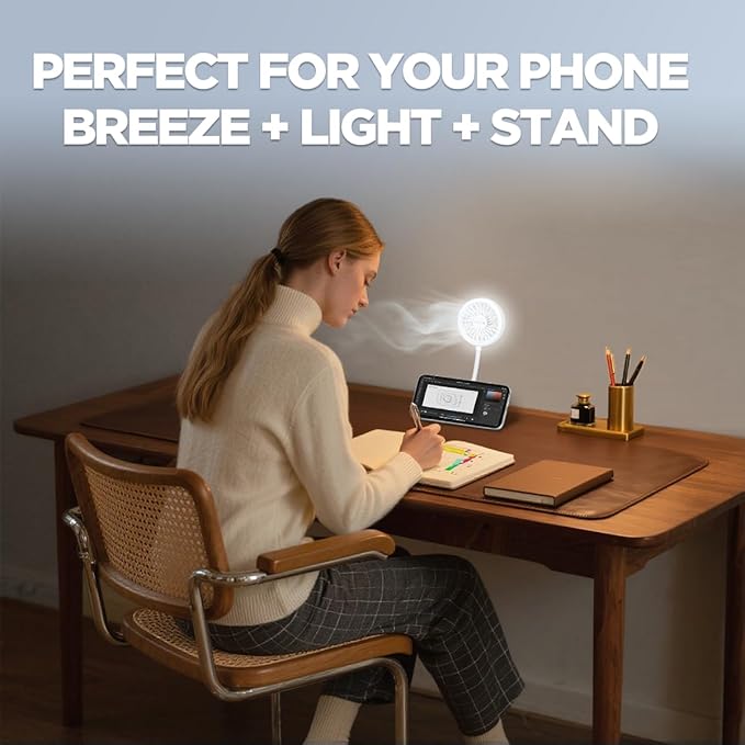 Magnetic Portable Fan Magsafe Compatible Mini Personal Fan with 3-Level Ring Light and Adjustable Hands-Free Phone Mount, Ultra-Lightweight 6000RPM Powerful table fan for iPhone, Desk, Car & Outdoor