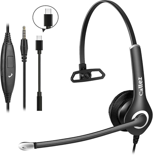 Callez Wired Computer Headset, 3.5mm/USB-C Headset with Mic Noise Cancelling, Cell Phone Headphone for PC Laptop Mac iPhone Samsung Zoom Teams Call Center Home Office Work, in-line Controls