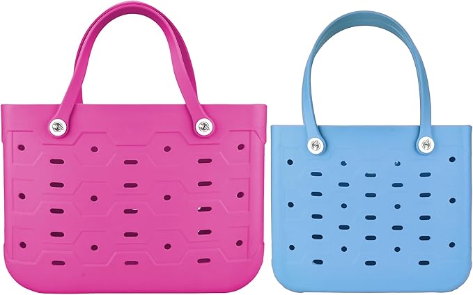 2-Piece Tote Bag Set, Waterproof Rubber Beach Bag with Summer Pattern, Medium & Large Handbag for Pool, Beach, Boat