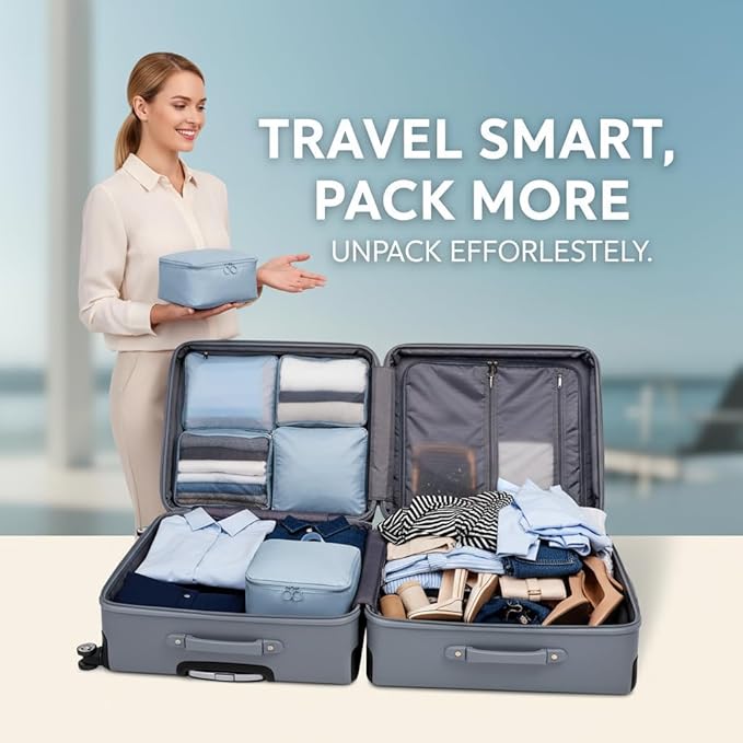 8-Piece Travel Compression Packing Cubes Set - Luggage Organizers for Suitcases - Space Saving Storage Bags for Clothes Travel Essentials (Beige)