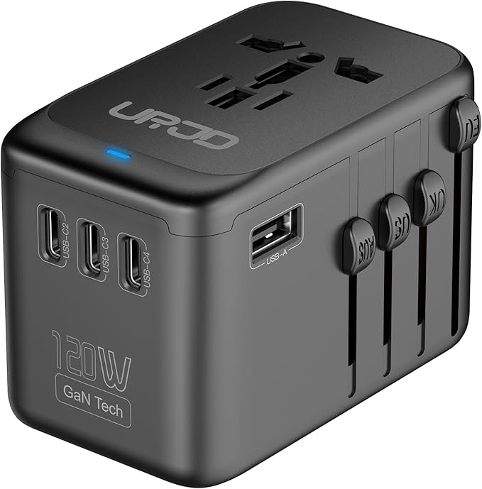 Universal Travel Adapter, 120W GaN International Power Plug Adapter, 5 USB Ports & 2500W AC Outlet, All-in-One Travel Charger for 200+Countries, Fast Charging All USB & Dual Voltage Devices