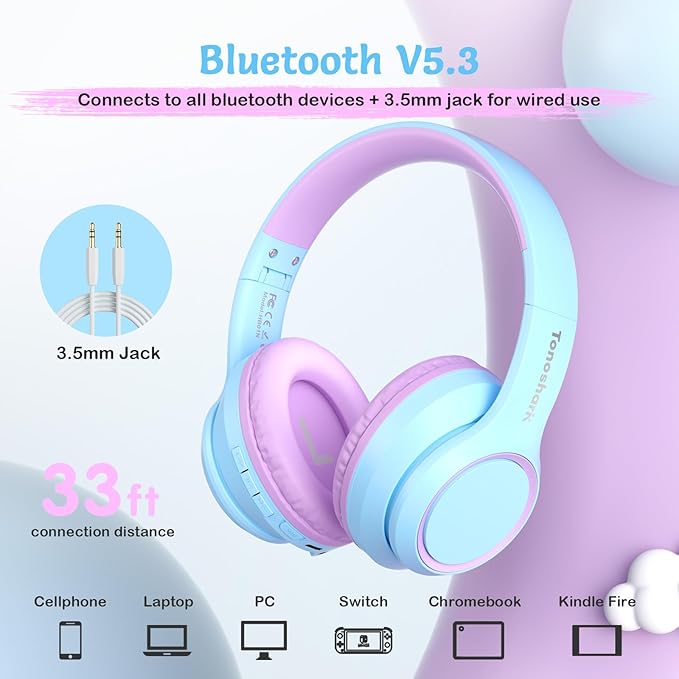 Kids Bluetooth Headphones with Active Noise Cancelling, Wireless Over-Ear Headphones for Boys Girls, Foldable, Adjustable, Safe Volume, 40H Playtime, Mic for School Travel (Purple Blue)