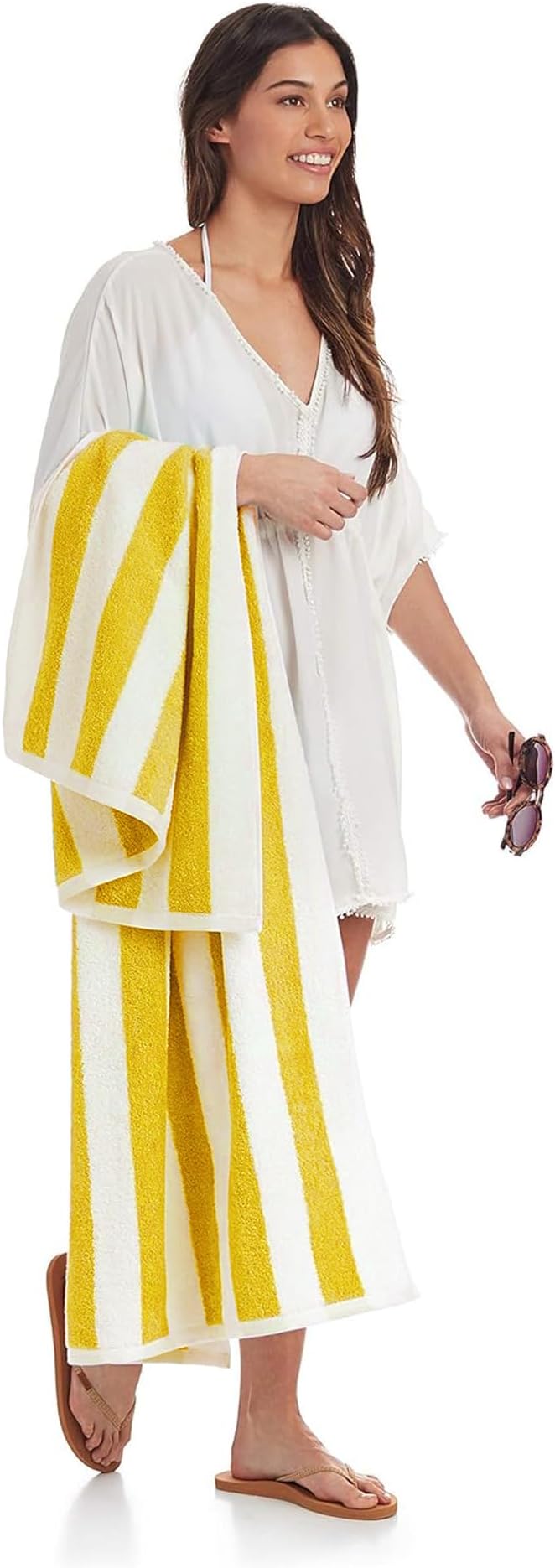 Amazon Basics 100% Cotton Terry Cabana Stripe Pool & Beach Towels, Soft & Absorbent, Large, 2-Pack, Yellow, 30" x 60"