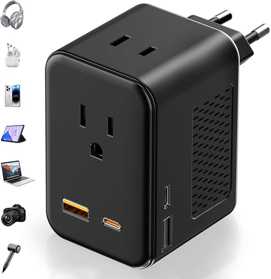 220V to 110V Voltage Converter US to Europe Travel, Adapter Plug Converter for European Travel with 20W PD & 2 USB-A & 2 USB-C Port, European Power Converter Combo USA to Spain Italy France (Black)