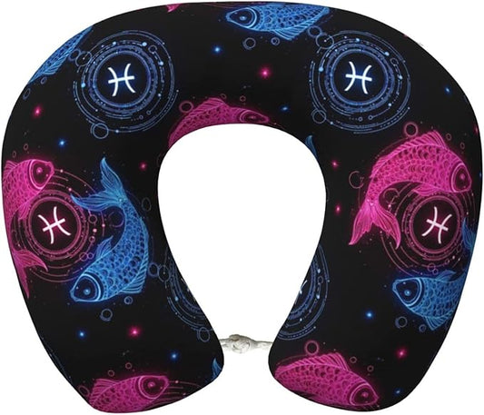 Neck Travel Pillow, Women Men Washable Airplane Car Pillows Neon Fish Zodiac Pisces, Head Support Rest U Shaped Cushion Comfortable for Watching TV