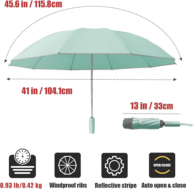 Large Windproof Travel Umbrella, Portable Reverse Folding Car Umbrella, Compact Inverted Design with Waterproof Canopy, Automatic, 10 Durable Ribs, 45.6/13 Inch, Fits Backpack