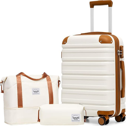TAKUMI Carry On Luggage Set 3 Piece ABS+PC Hardshell Suitcases with Duffel Bag Double Spinner Wheels Travel Luggage with TSA Lock Lightweight Suitcase Set(WHITE BROWN, 3 PIECE SET(20/DB/TB))