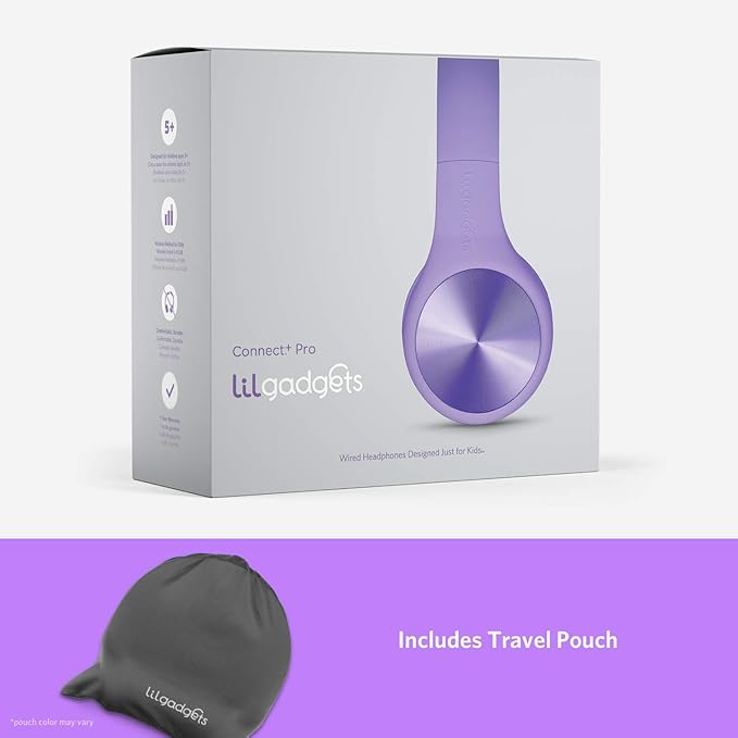 LilGadgets Connect+ Pro Wired Kids Headphones for School with Microphone, Volume Limiting Over-Ear Headset with Cord, SharePort Technology & SoftTouch Padding, Purple