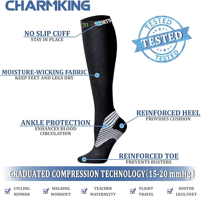 CHARMKING Compression Socks for Women & Men Circulation (8 Pairs) 15-20 mmHg is Best Support for Athletic Running,Cycling