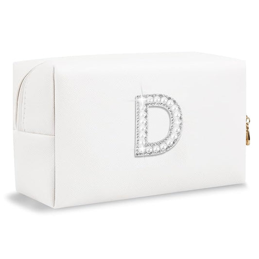 Bride Gifts – Personalized Initial Makeup Bag with Pearl Rhinestone Patch, Preppy White Monogram Cosmetic/Toiletry Pouch, bridesmaid Gifts, Bridal Shower Gifts, Wedding Gifts, Bridal Gifts,D