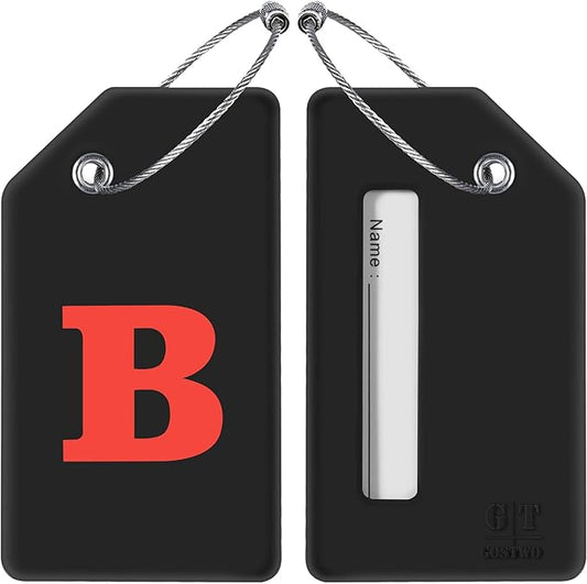 Gostwo 2 Pack Silicone Luggage Tags for Suitcases, 26 Initial Letter Baggage Labels Handbag School Bag Suitcase Instrument Tag with Stainless Steel Loop(Black & White) (Letter B)