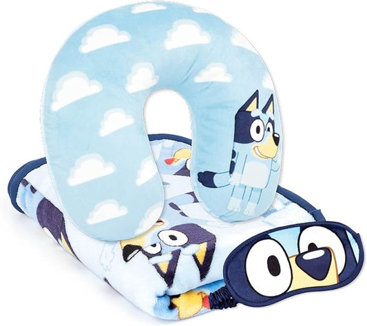 Jay Franco Bluey Kids Travel Set - 3 Piece Set Includes 40 x 50 Throw Blanket, Eye Mask, and Neck Pillow - Super Soft & Cozy Travel Accessories