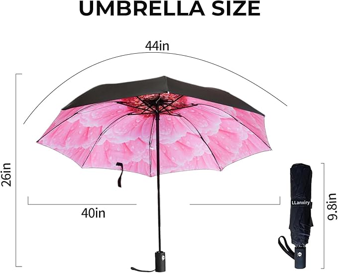 LLanxiry Compact Travel Umbrella, 44" Canopy, Automatic Open/Close Windproof Umbrella, 210T Pongee, 8-Rib Fiberglass, Travel Size Mini, Portable Rain/Sun Umbrellas UPF 50+ with Cover