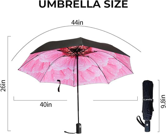 LLanxiry Compact Travel Umbrella, 44" Canopy, Automatic Open/Close Windproof Umbrella, 210T Pongee, 8-Rib Fiberglass, Travel Size Mini, Portable Rain/Sun Umbrellas UPF 50+ with Cover